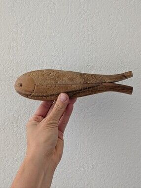Vtg Carved Wood Fish Shape Double Nut Cracker 8" Rustic Nautical Folk Art Decor